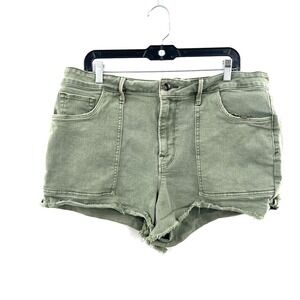 Good American high rise shortie shorts olive green cut off denim boho 16